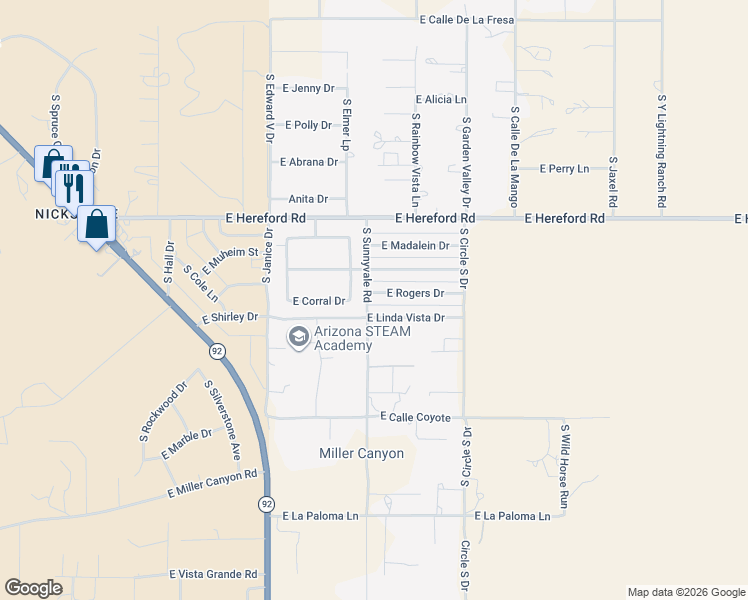 map of restaurants, bars, coffee shops, grocery stores, and more near 7365 South Sunnyvale Road in Hereford
