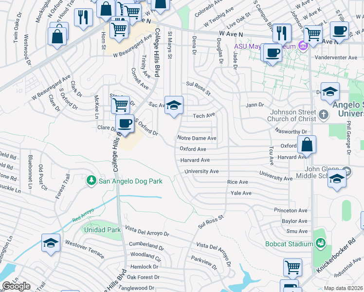 map of restaurants, bars, coffee shops, grocery stores, and more near 2790 Oxford Avenue in San Angelo