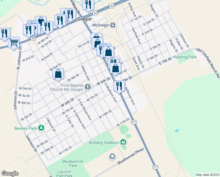 map of restaurants, bars, coffee shops, grocery stores, and more near 615 South Madison Avenue in McGregor