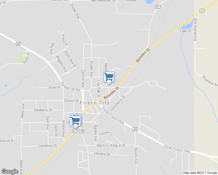 map of restaurants, bars, coffee shops, grocery stores, and more near Houston Street in Frisco City