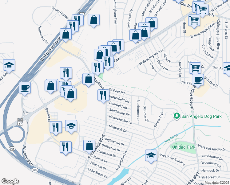 map of restaurants, bars, coffee shops, grocery stores, and more near 3853 Old Post Road in San Angelo