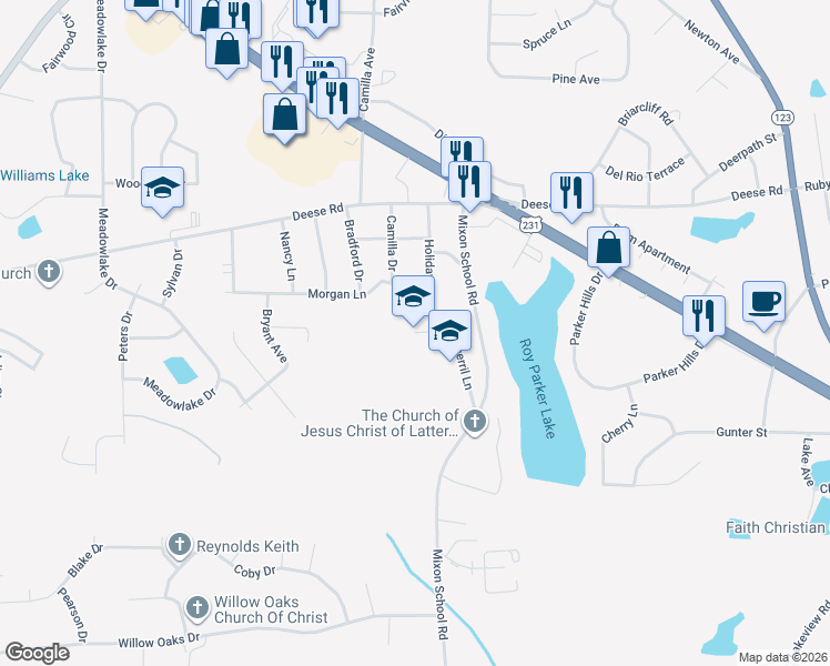 map of restaurants, bars, coffee shops, grocery stores, and more near 349 Sherril Lane in Ozark