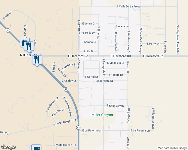 map of restaurants, bars, coffee shops, grocery stores, and more near 5321 East Corral Drive in Hereford