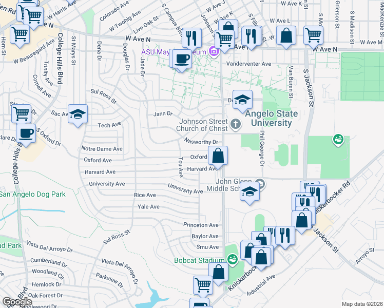 map of restaurants, bars, coffee shops, grocery stores, and more near 2510 Oxford Avenue in San Angelo