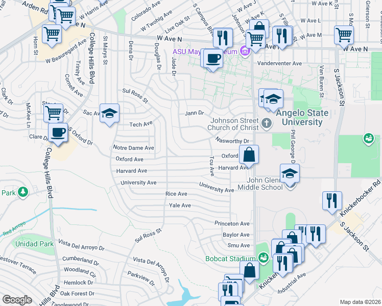 map of restaurants, bars, coffee shops, grocery stores, and more near 2600-2648 Oxford Ave in San Angelo