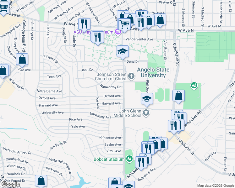 map of restaurants, bars, coffee shops, grocery stores, and more near 2510 Oxford Avenue in San Angelo
