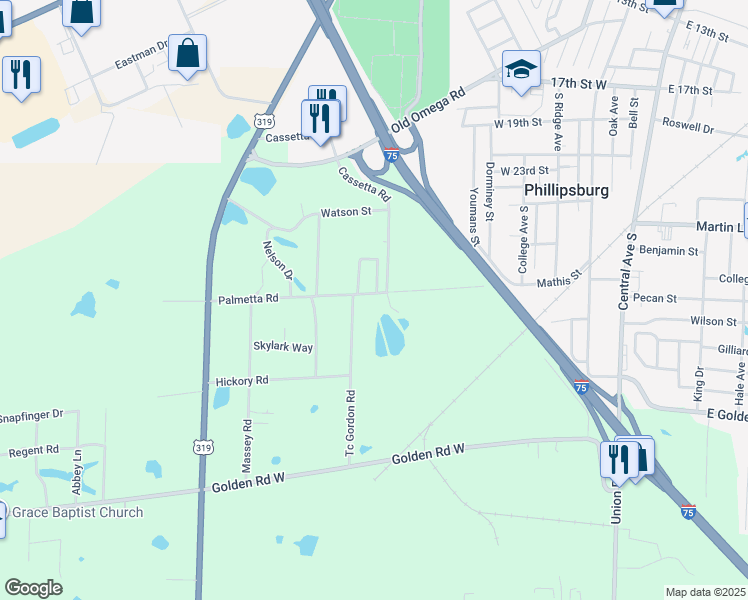 map of restaurants, bars, coffee shops, grocery stores, and more near 84 Palmetta Road in Tifton