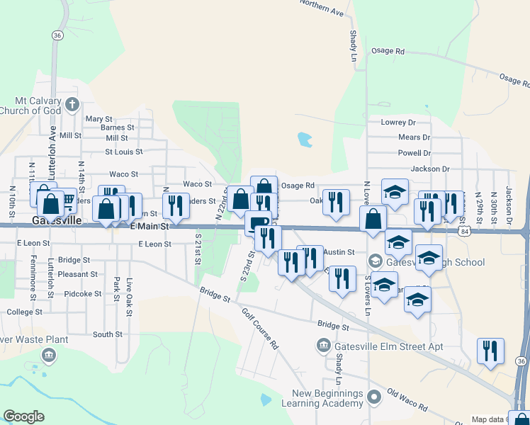 map of restaurants, bars, coffee shops, grocery stores, and more near 107 North 24th Street in Gatesville