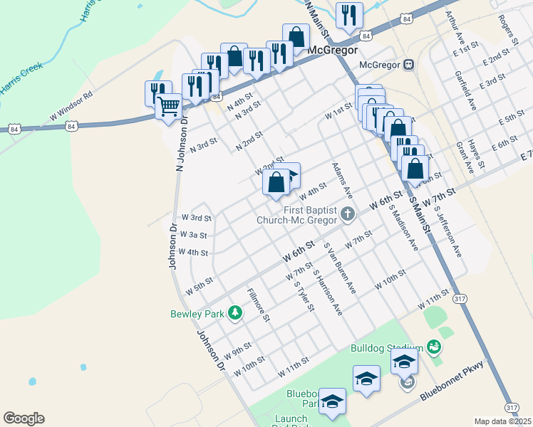 map of restaurants, bars, coffee shops, grocery stores, and more near 1001 West 4th Street in McGregor
