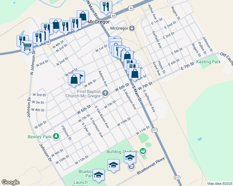 map of restaurants, bars, coffee shops, grocery stores, and more near 600 West 6th Street in McGregor