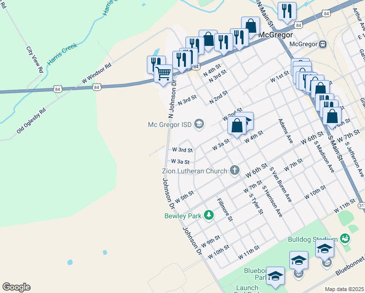 map of restaurants, bars, coffee shops, grocery stores, and more near 1307 W 3rd St in McGregor