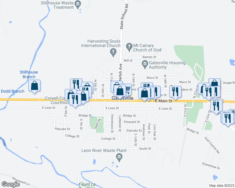 map of restaurants, bars, coffee shops, grocery stores, and more near 109 North Lutterloh Avenue in Gatesville