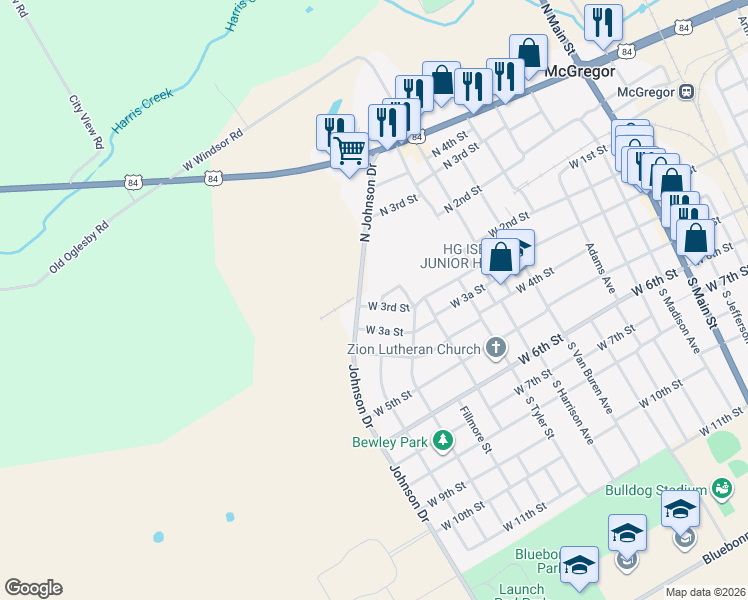 map of restaurants, bars, coffee shops, grocery stores, and more near 1307 West 3rd Street in McGregor