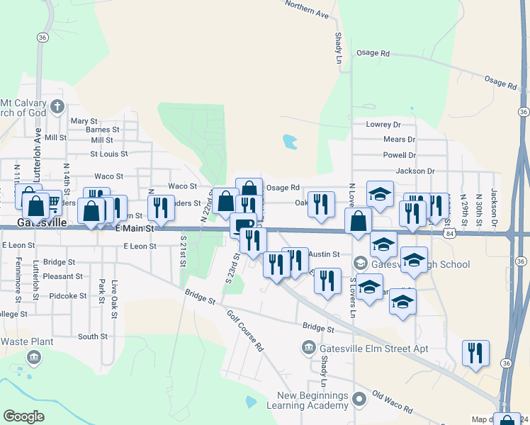 map of restaurants, bars, coffee shops, grocery stores, and more near 107 North 24th Street in Gatesville