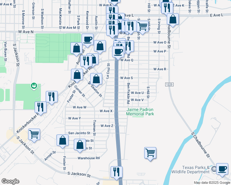 map of restaurants, bars, coffee shops, grocery stores, and more near 501 West Avenue U in San Angelo