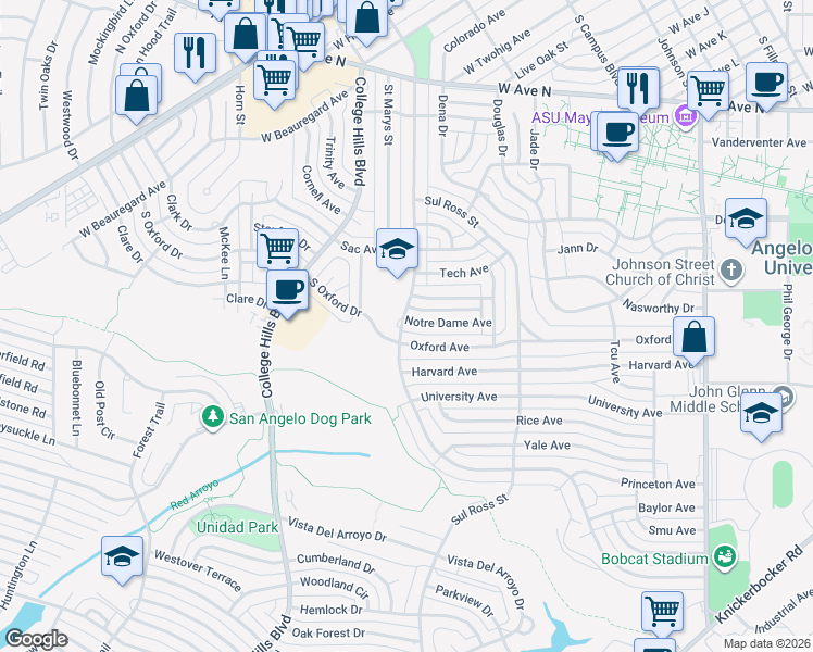 map of restaurants, bars, coffee shops, grocery stores, and more near 2790 Oxford Avenue in San Angelo