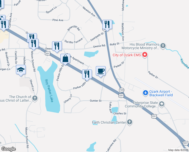 map of restaurants, bars, coffee shops, grocery stores, and more near 2824 U.S. 231 in Ozark