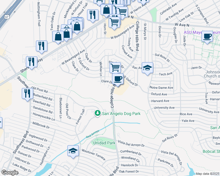 map of restaurants, bars, coffee shops, grocery stores, and more near 2441 College Hills Boulevard in San Angelo