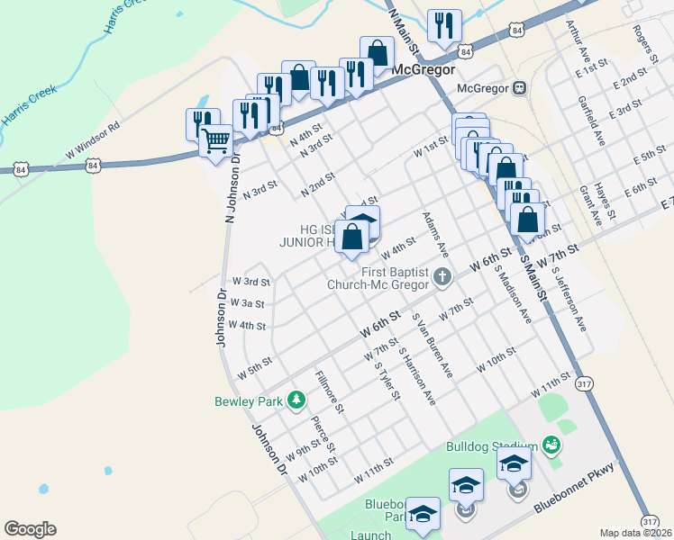 map of restaurants, bars, coffee shops, grocery stores, and more near 1001 West 4th Street in McGregor