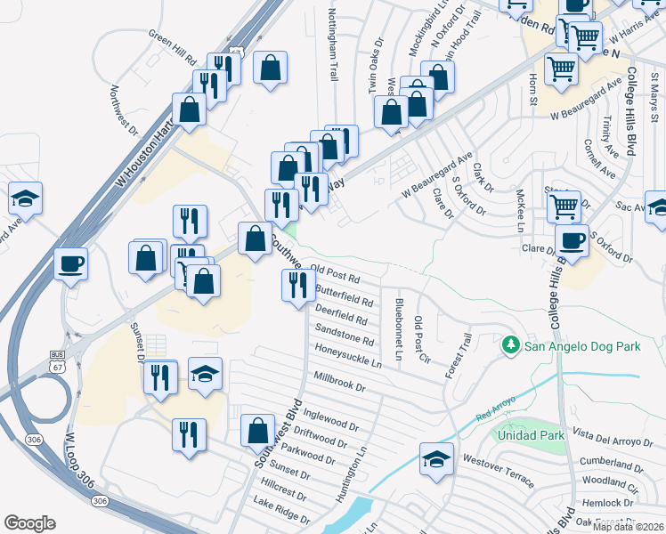 map of restaurants, bars, coffee shops, grocery stores, and more near 3853 Old Post Road in San Angelo