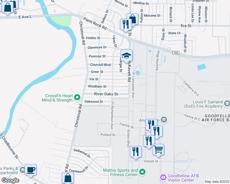map of restaurants, bars, coffee shops, grocery stores, and more near 306 River Oaks Street in San Angelo
