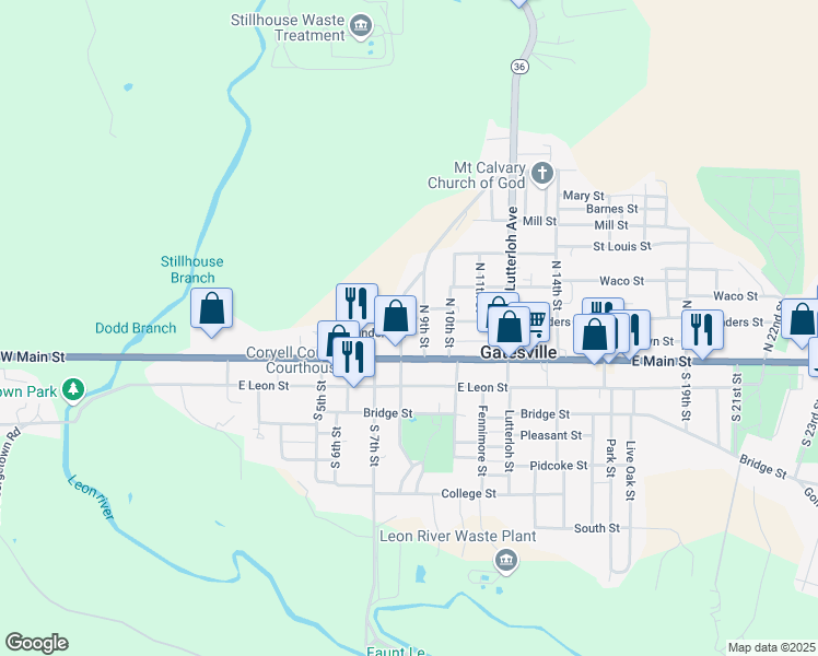 map of restaurants, bars, coffee shops, grocery stores, and more near 200 North 8th Street in Gatesville