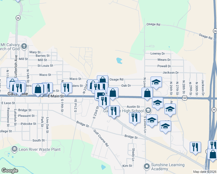map of restaurants, bars, coffee shops, grocery stores, and more near 107 North 24th Street in Gatesville