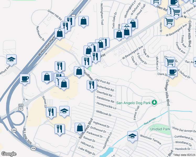 map of restaurants, bars, coffee shops, grocery stores, and more near 3853 Old Post Road in San Angelo