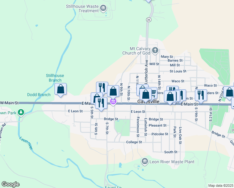 map of restaurants, bars, coffee shops, grocery stores, and more near 200 North 8th Street in Gatesville