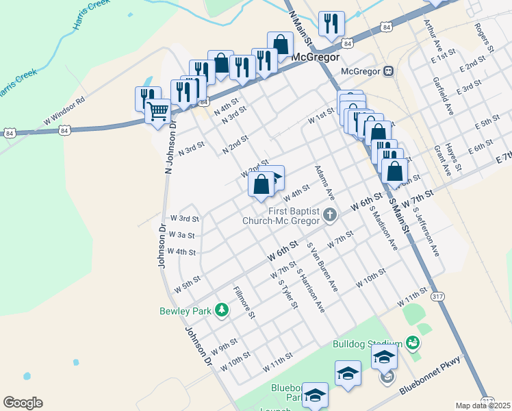 map of restaurants, bars, coffee shops, grocery stores, and more near 1001 West 4th Street in McGregor