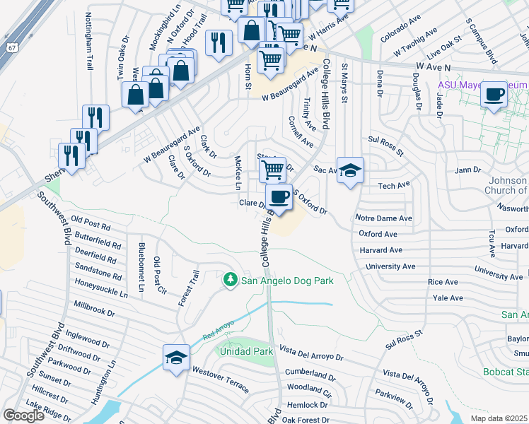 map of restaurants, bars, coffee shops, grocery stores, and more near 2441 College Hills Boulevard in San Angelo