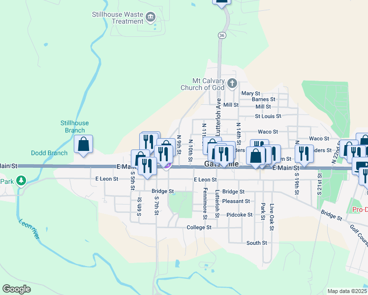 map of restaurants, bars, coffee shops, grocery stores, and more near 302 North 9th Street in Gatesville