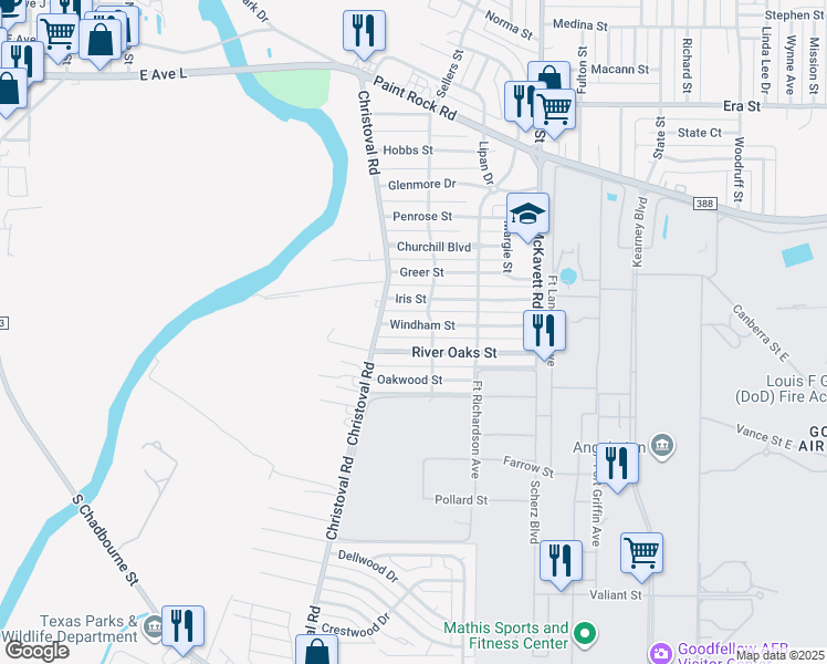 map of restaurants, bars, coffee shops, grocery stores, and more near 112 Windham Street in San Angelo
