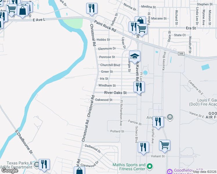 map of restaurants, bars, coffee shops, grocery stores, and more near 145 Windham Street in San Angelo