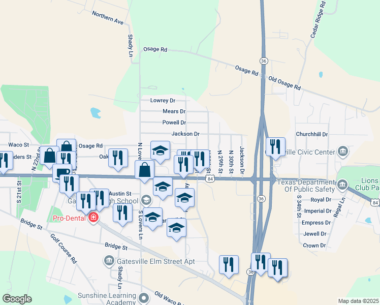 map of restaurants, bars, coffee shops, grocery stores, and more near 123 North 27th Street in Gatesville