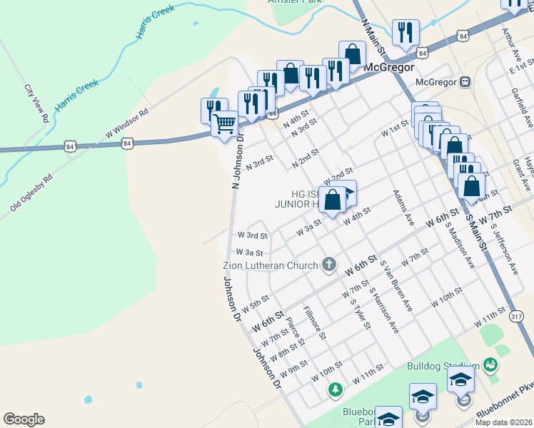 map of restaurants, bars, coffee shops, grocery stores, and more near in McGregor