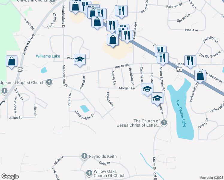 map of restaurants, bars, coffee shops, grocery stores, and more near 601 Morgan Lane in Ozark