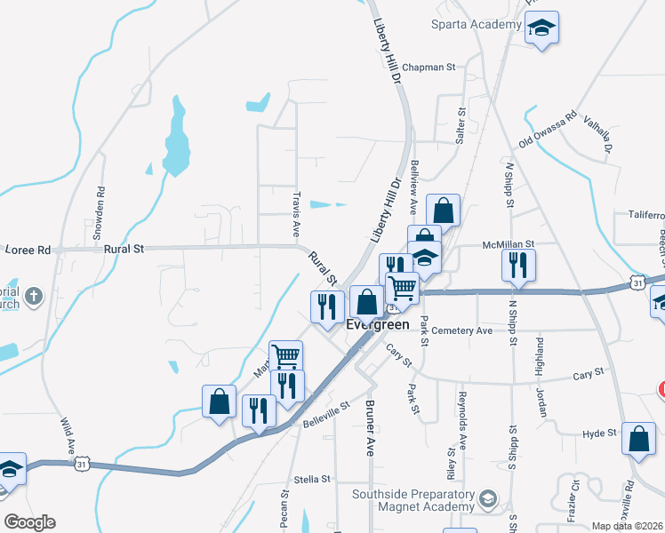 map of restaurants, bars, coffee shops, grocery stores, and more near 436-442 Rural Street in Evergreen