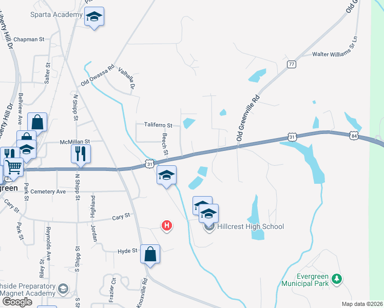 map of restaurants, bars, coffee shops, grocery stores, and more near 804 Perryman Street in Evergreen
