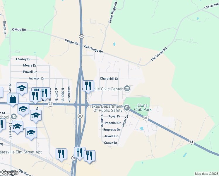 map of restaurants, bars, coffee shops, grocery stores, and more near 3407 Greenlawn Drive in Gatesville