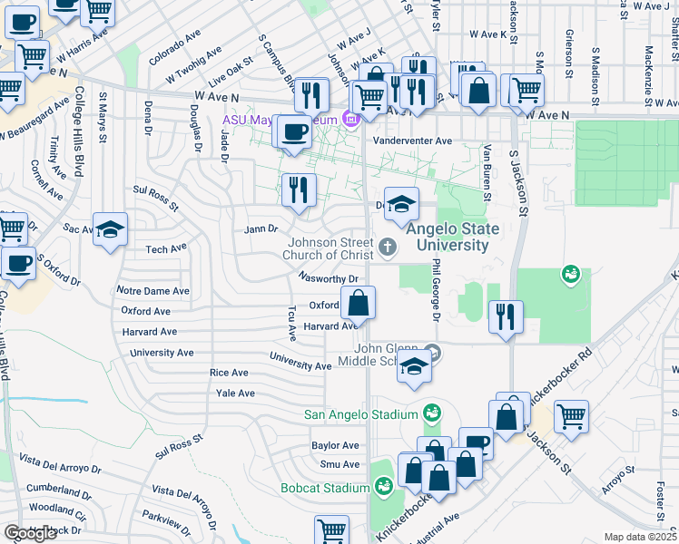 map of restaurants, bars, coffee shops, grocery stores, and more near 2210 Delker Drive in San Angelo