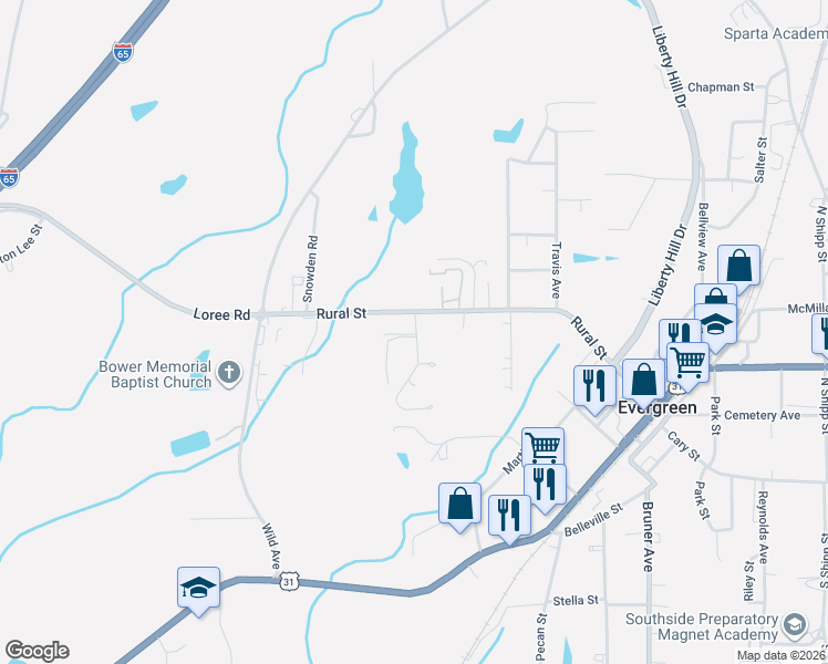 map of restaurants, bars, coffee shops, grocery stores, and more near 100 Elizabeth Street in Evergreen