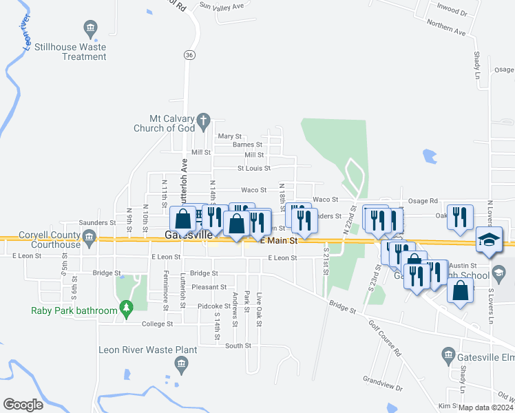 map of restaurants, bars, coffee shops, grocery stores, and more near 1606 Waco Street in Gatesville