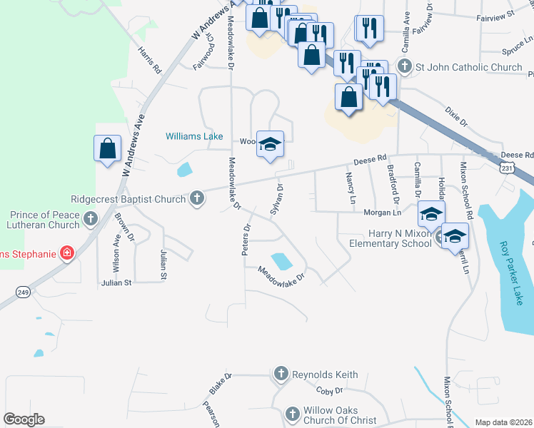 map of restaurants, bars, coffee shops, grocery stores, and more near 101-199 Peters Circle in Ozark