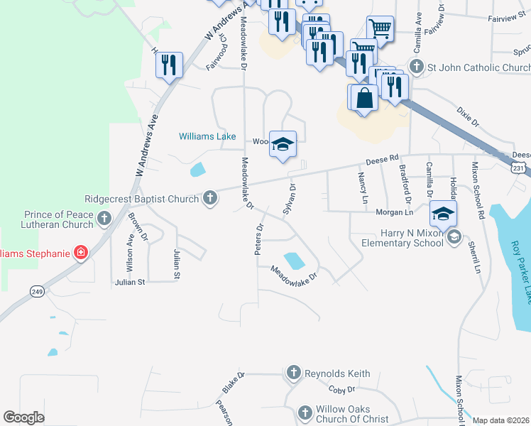 map of restaurants, bars, coffee shops, grocery stores, and more near 101 Peters Circle in Ozark