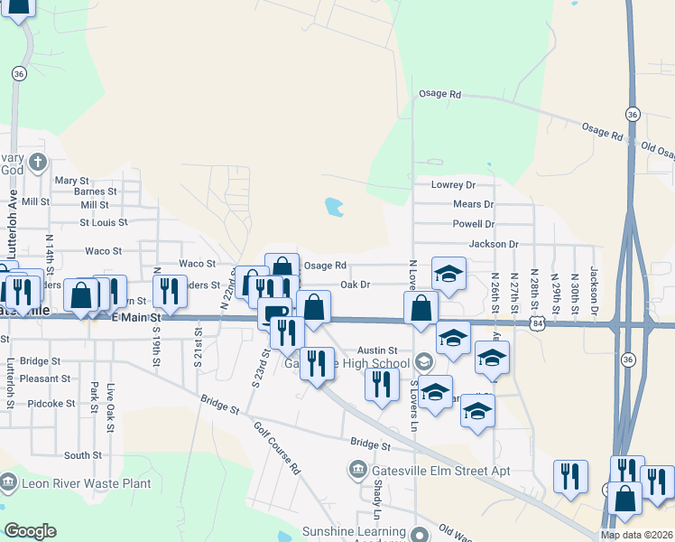 map of restaurants, bars, coffee shops, grocery stores, and more near 2421 Osage Road in Gatesville