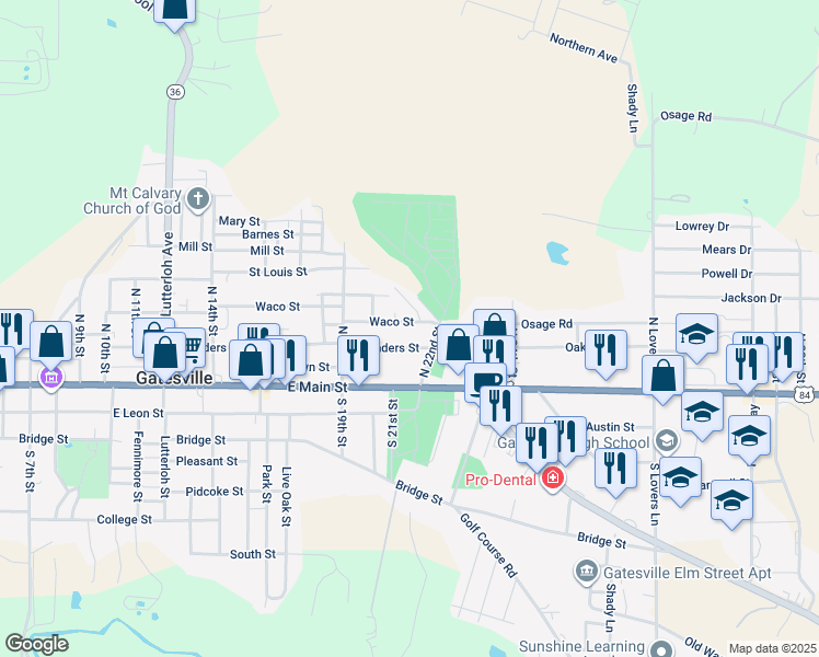 map of restaurants, bars, coffee shops, grocery stores, and more near 2114 Waco Street in Gatesville