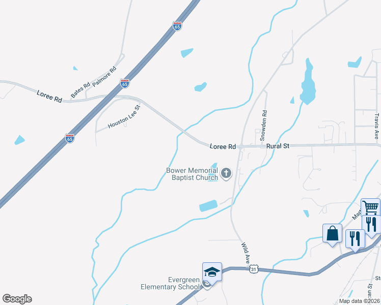 map of restaurants, bars, coffee shops, grocery stores, and more near 319 Loree Road in Evergreen