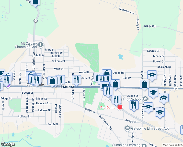 map of restaurants, bars, coffee shops, grocery stores, and more near 2114 Waco Street in Gatesville