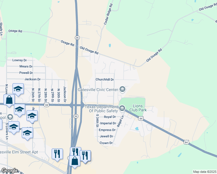 map of restaurants, bars, coffee shops, grocery stores, and more near 3407 Greenlawn Drive in Gatesville